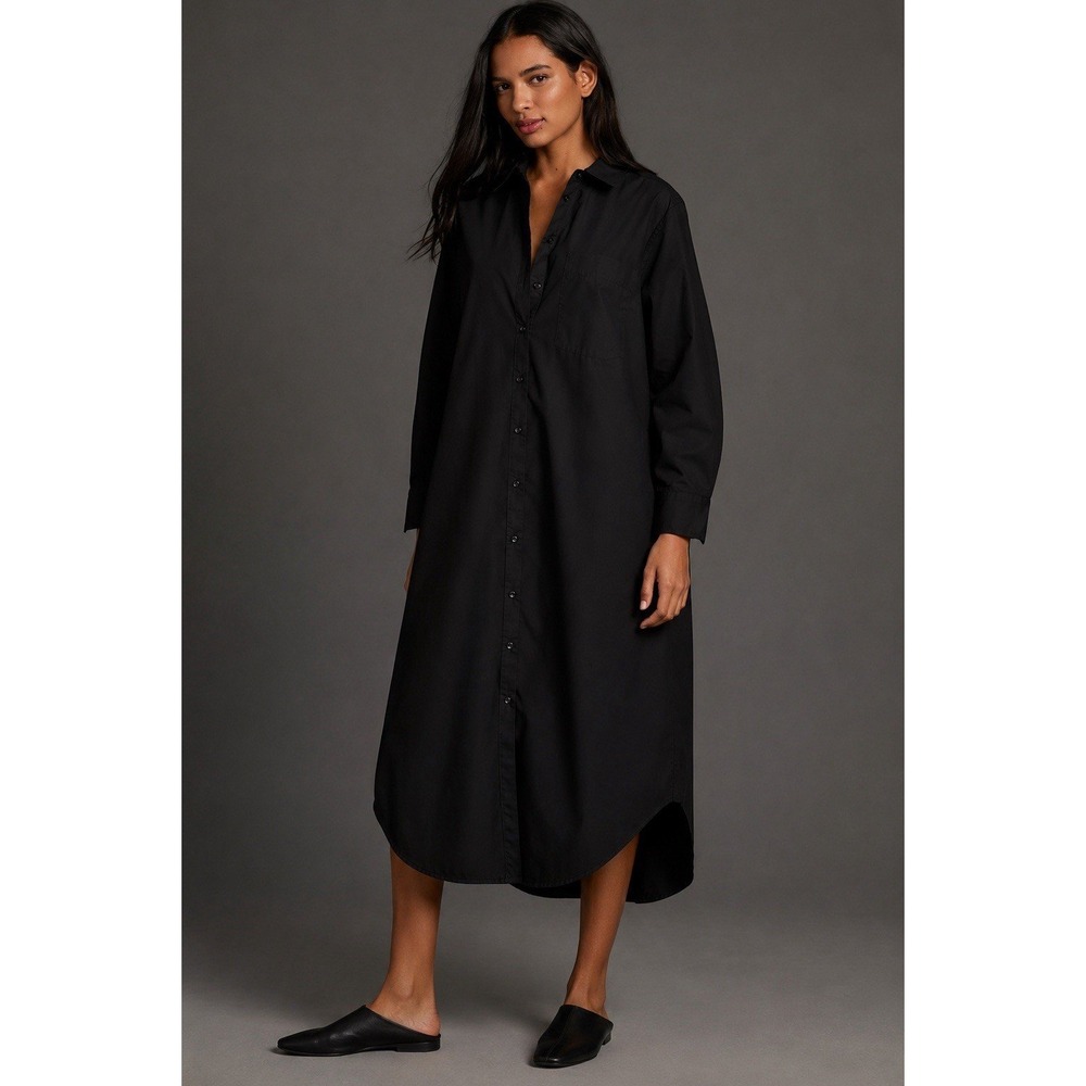 Maeve Anthropologie Soren Black Cotton Maxi Shirt Dress Long Sleeve Button Up XS
